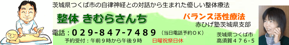 自律神経との対話から生まれた無痛の整体療法　赤ひげ塾茨城県支部　赤ひげ塾グループ・つくばバランス活性療法院きむら　電話予約制：029-847-7489　茨城県つくば市高須賀476-5