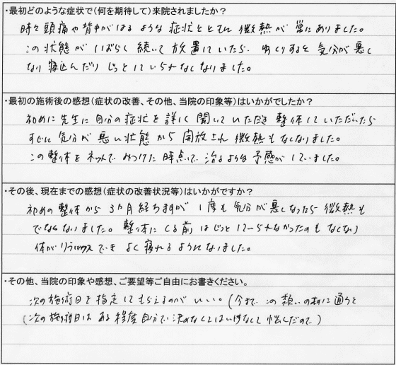 頭痛、背中のはり、微熱（原因不明）