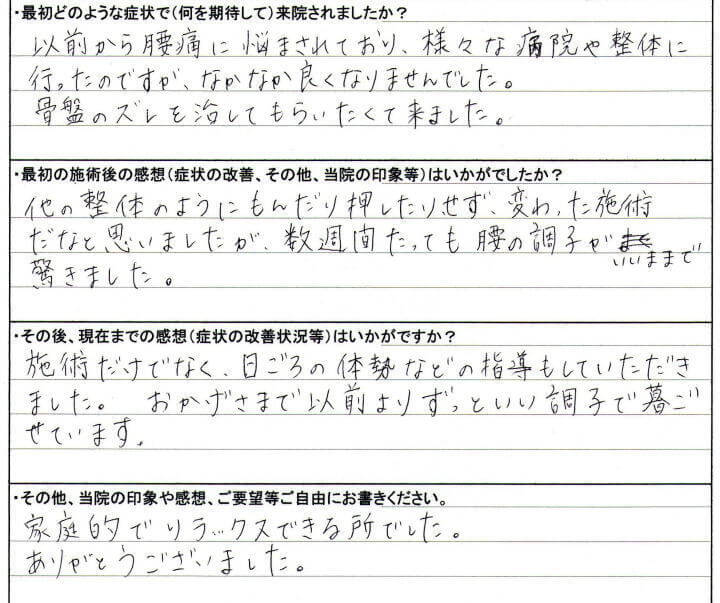 慢性的な腰痛　茨城県稲敷郡阿見町在住、２０歳代女性